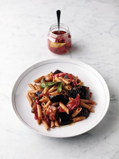 Aubergine penne arrabbiata, food waste recipe